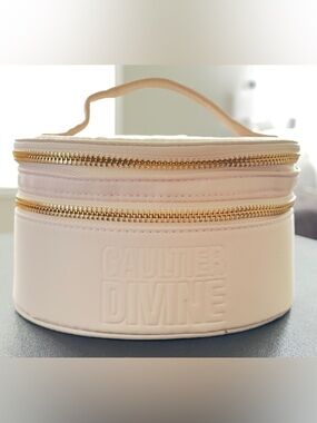Jean Paul Gaultier Cream Round Cosmetic Pouch with mirror and Gold Zippers